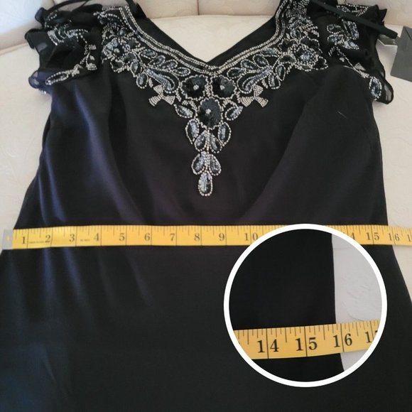 SOLD - JKara Cocktail Dress With Silver Beading Hanky Hem & Flutter Sleeves - Picture 9 of 10